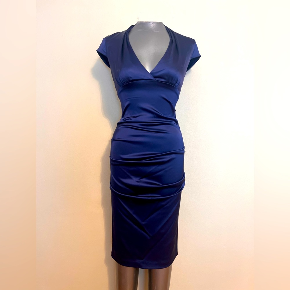 Cache Navy Stretch Satin Sexy Dress 6